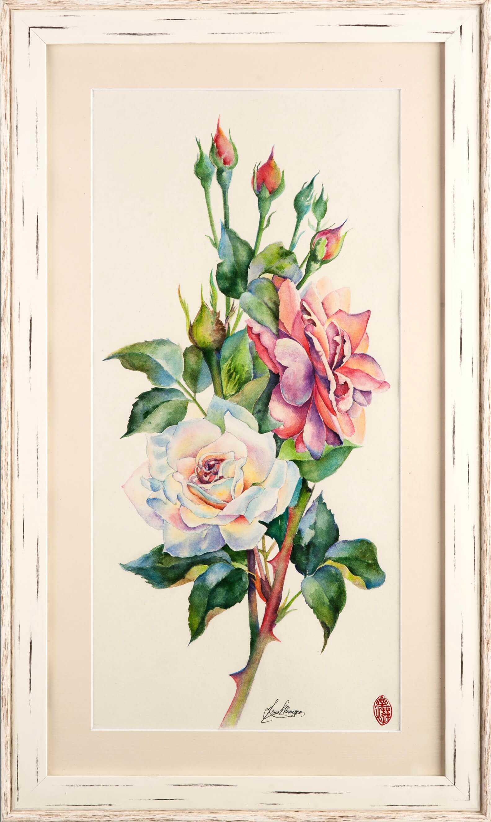 Roses, Original watercolour painting, artist signature, Chinese stamp (seal)